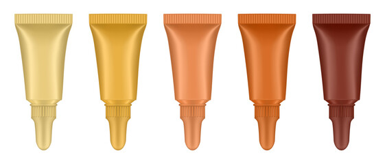 Set of salve or ointment tubes. Beige, gold, bronze and brown colors. Hand cream, mask or lotion. Acrylic paint	
