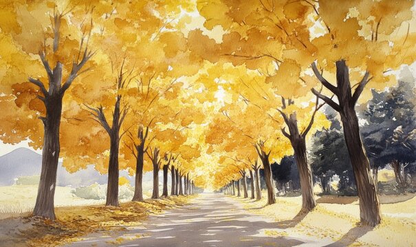 Watercolor picture was taken at Nami island,South Korea,It is a beautiful row of ginkgo