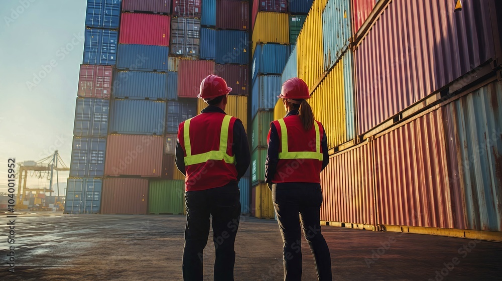 Wall mural two dock workers standing back to back in a container terminal