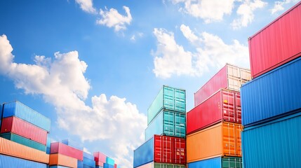 Stacked colorful cargo containers forming wall under blue sky