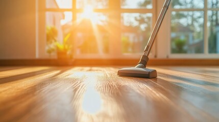 Capturing the warmth of a freshly cleaned home with sunlight streaming through windows and a vacuum cleaner in action