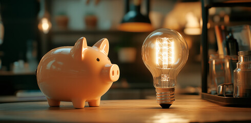 Obraz premium A glowing lightbulb and a piggy bank placed on a wooden table in a cozy room, representing ideas, savings, and financial planning