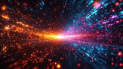 Fototapeta premium Abstract background with red, blue and orange glowing particles radiating out from the center, creating a sense of movement and energy.