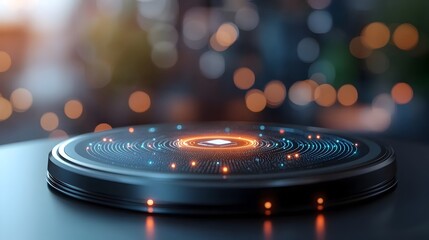 Abstract digital tech circle with neon data points and smooth curves floating on a dark background capturing the essence of big data and digital transformation in a sleek futuristic 3D design