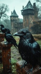 Two ravens sit on a rain soaked stone structure near an ancient castle, shrouded in mist.