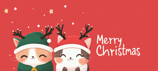 Fototapeta premium Illustration of two cute cats wearing festive outfits with antlers, one in a green hat and the other in a red Santa hat, on a red background with the text 'Merry Christmas' and snowflakes