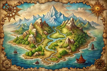Fototapeta premium Hand-Drawn Fantasy Island Map with Mountain and Swirling Waters for Landscape Photography