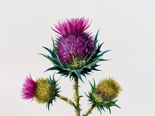 Thistle flowers hand drawn painted painting illustration on plain white background