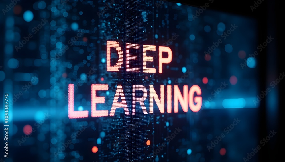 Poster digital display of 'deep learning' with glowing text and a futuristic tech background.
