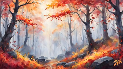 a watercolour painting of misty an autumn forest 