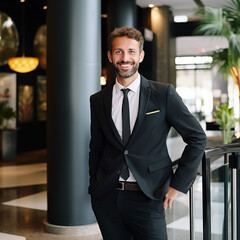 A handsome businessman in a tailored navy-blue suit, posing confidently with arms crossed, soft lighting illuminating his face, standing against a neutral studio background.