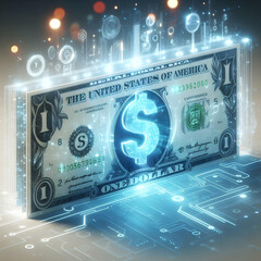 3D Macro Image Glowing Dollar Bill Holographic Advertising Elements Copy Space Modern Financial Advertising Currency Importance Abstract Background Bokeh Lights Detailed Close Up