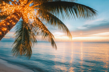 Fototapeta premium A beautifully decorated palm tree with fairy lights overlooking the serene ocean at sunset
