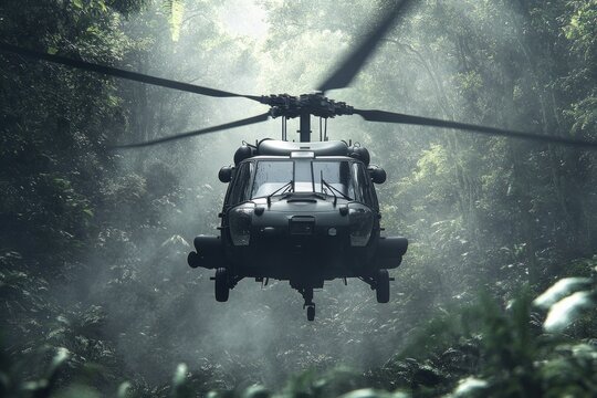 a blackhawk helicopter the sky in the forest, 