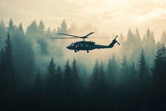 a blackhawk helicopter the sky in the forest, 