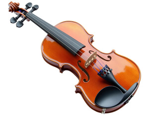 Fototapeta premium A violin is shown in a white background. The violin is brown and black. The strings are black