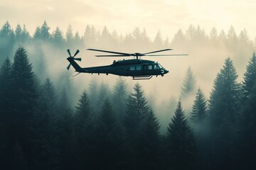 Fototapeta premium a blackhawk helicopter the sky in the forest, 
