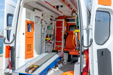 Interior of an ambulance. Emergency equipment and devices in ambulance car © dechevm