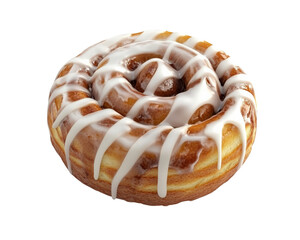Fototapeta premium A cinnamon roll with icing on top. The icing is white and the roll is brown. The roll is sitting on a white background