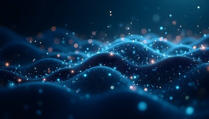 Abstract waves and nodes symbolize neural networks' data flow and connections.