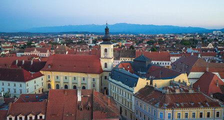 Aerial view of Sibiu City Transylvania Romania at sunset blue hour.