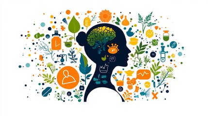 Fototapeta premium Minimalist design showing human silhouette surrounded by icons for fitness nutrition mindfulness and sleep embodying the concept of biohacking
