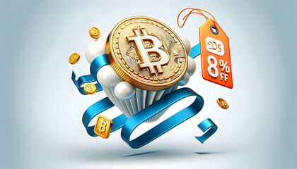 3D Floating Bitcoin Symbol with Discount Badge and Marketing Icon - Cryptocurrency Discounts for Modern Advertising Strategies - Contemporary Vector Image Isolated on White Background
