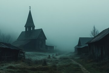 Fototapeta premium A Church and Other Buildings in a Foggy, Rural Landscape