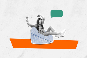 Composite photo collage of excited girl sit beanbag receive message notification correspondence...