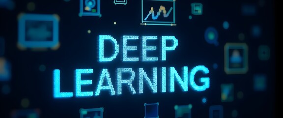 Fototapeta premium Deep learning concept with digital icons and graphs, showcasing ai technology.