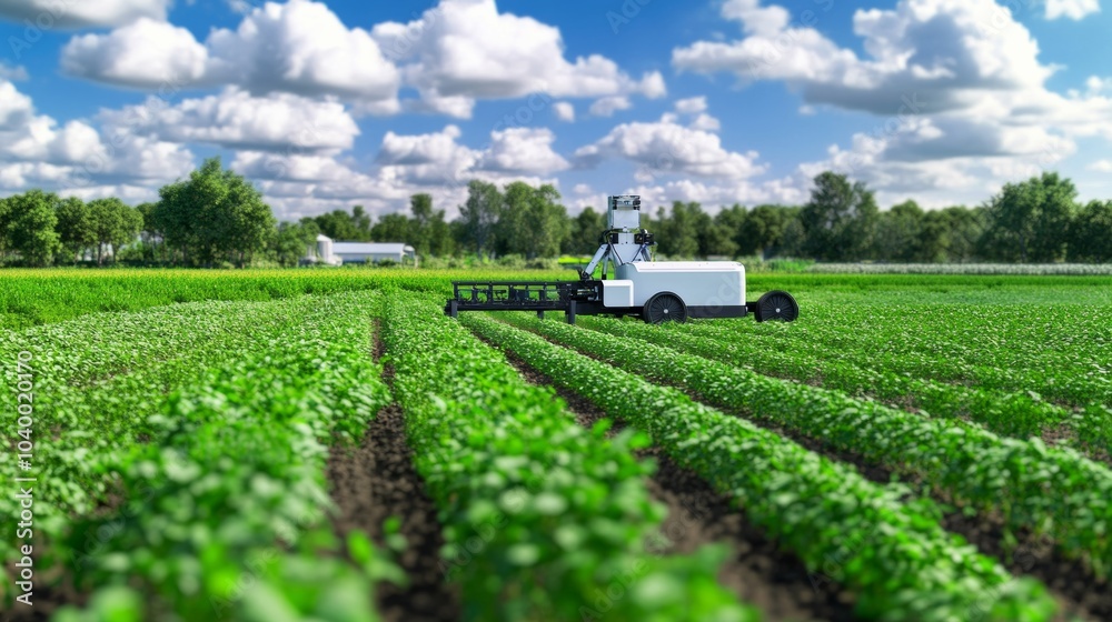 Poster A robot assisting with precision agriculture in a smart farm, with automated planting systems and a lush, well-maintained field
