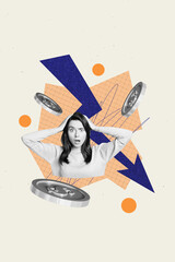 Vertical photo collage of astonished girl business problem arrow decline coin inflation recession...