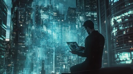 Obraz premium Big data, digital technology, internet network connection, futristic technology background. Man using mibile phobe and laptop and smart city