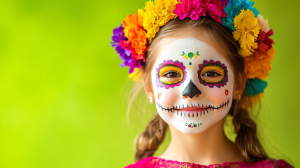 Naklejka premium Girl in colorful Day of the Dead face paint