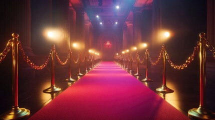 A luxurious red carpet event scene with golden chain barriers and spotlights, capturing an empty walkway that builds anticipation for celebrity guests