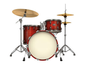 A red snare drum with a white head sits on a white background. The drum is a part of a drum set, which also includes a bass drum and a tom-tom drum