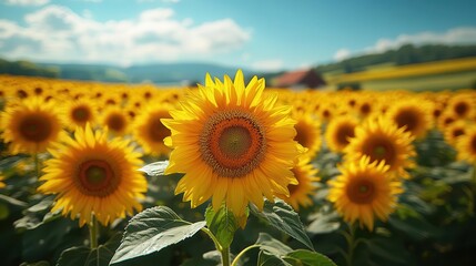 Fototapeta premium vibrant sunflower field stretching towards the horizon under a clear blue sky bright yellow petals catching sunlight evoking feelings of joy and positivity in a picturesque summer setting