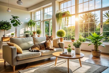 Happy Cat in Cozy Living Room Surrounded by Modern Architecture and Natural Light