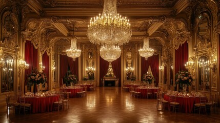 Fototapeta premium A magnificent ballroom featuring luxurious crystal chandeliers, elegant red velvet drapes, and intricately carved gold-framed mirrors