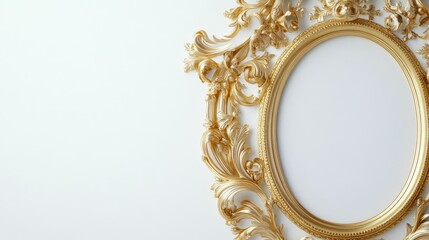 A magnificent gold oval frame adorned with intricate baroque details, suspended in a clean white atmosphere, highlighted by dramatic lighting to showcase its craftsmanship