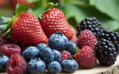 Fresh berries mix. Closeup of fresh red strawberries, blueberries, and raspberries, symbolizing summer's bounty and vibrant flavors.