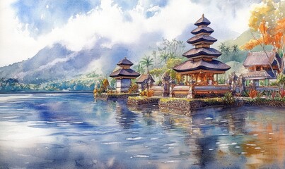 Watercolor Bali holiday tourism, Ulun Danu Bratan Water Temple Bali, Bali, Indonesia