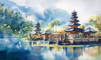 Naklejka premium Watercolor Bali holiday tourism, Ulun Danu Bratan Water Temple Bali, Bali, Indonesia