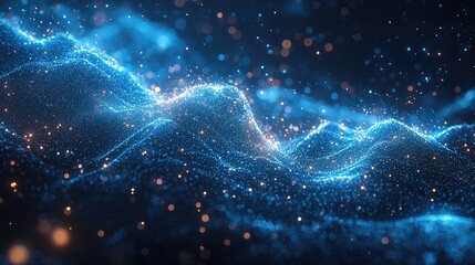 Fototapeta premium Abstract blue and gold wave pattern with sparkling particles.