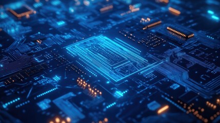 Blue digital technology background with mechanical elements and circuit board