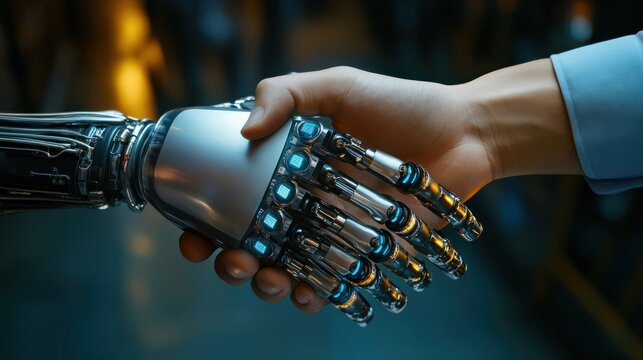 Business finance investment with AI technology, Businessmen. handshake with partner, greeting, dealing, merger and acquisition, business cooperation concept, joint venture success mission.