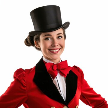 Smiling female ringmaster in traditional circus costume posing against a white background