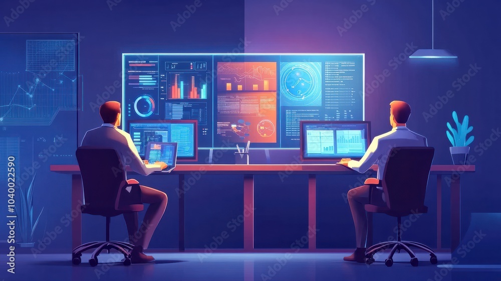Poster business people analyze data and big data technology two businessmen calculate business analysis and
