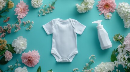white baby bodysuit mockup on a teal background