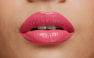Fototapeta premium Pink lips makeup. Close-up image of pink lips with glossy lipstick. The lips are slightly parted, revealing a hint of a smile. A feeling of confidence and beauty is captured in this photo.